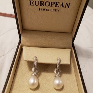 Diamond and Pearl drop earrings, in 14k white gold.